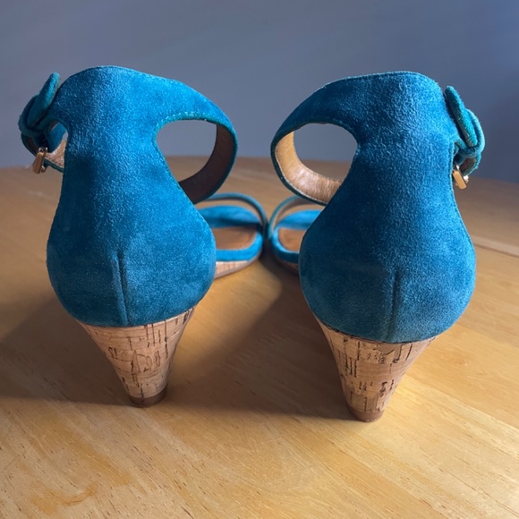 Tory Burch Savannah Suede Wedge Ankle Strap Sandal Turquoise - Picture 4 of 6